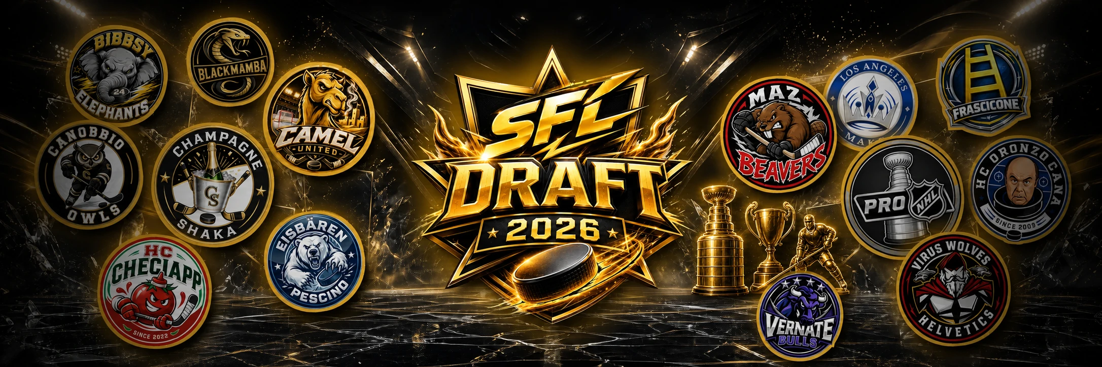 SFL Draft 2026 con le quattordici fantasquadre e i tre trofei dei Vernate Bulls